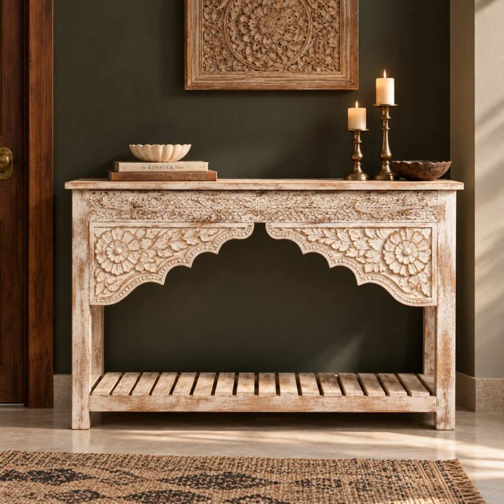 Hand Carved Mango Wood Console Table with Rajasthani floral arch detailing, slatted lower shelf and distressed natural wood finish.