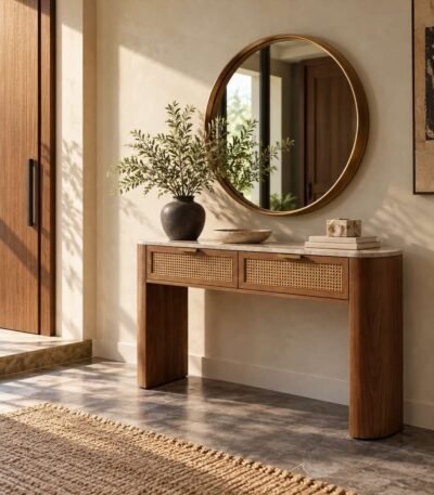 Oak Wood Console Table with Emperador marble top and rattan drawers in brown finish.