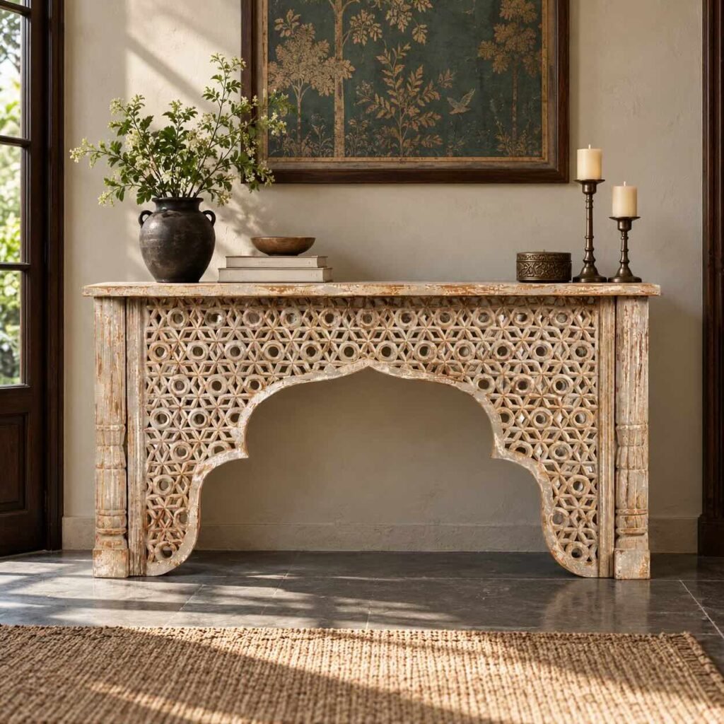 Hand Carved Mango Wood Console Table with geometric jali latticework, scalloped arch and traditional pillar legs in natural finish.
