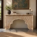 Hand Carved Mango Wood Console Table with geometric jali latticework, scalloped arch and traditional pillar legs in natural finish.