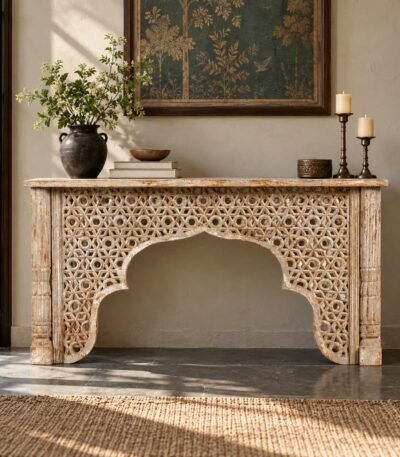 Hand Carved Mango Wood Console Table with geometric jali latticework, scalloped arch and traditional pillar legs in natural finish.