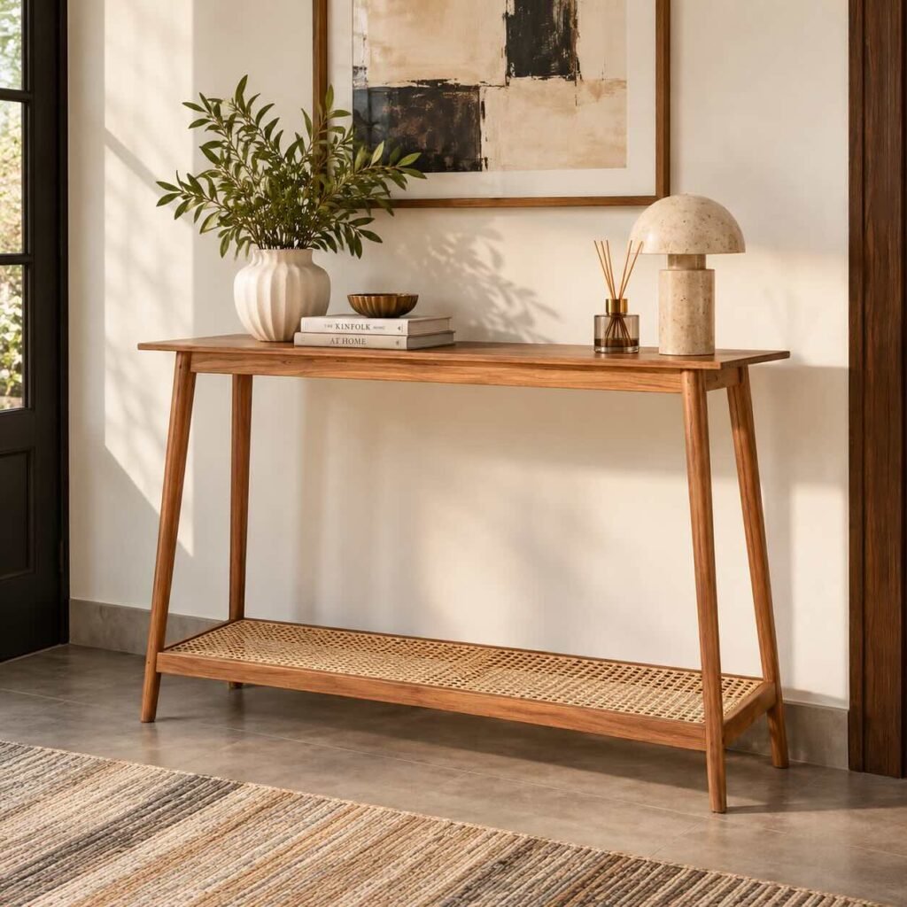 Sheesham Wood Cane Console Table with handwoven cane lower shelf, tapered wooden legs and natural finish.