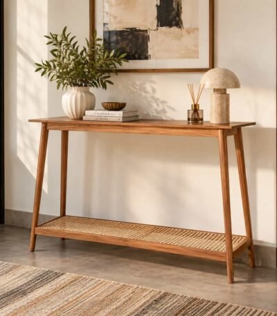 Sheesham Wood Cane Console Table with handwoven cane lower shelf, tapered wooden legs and natural finish.