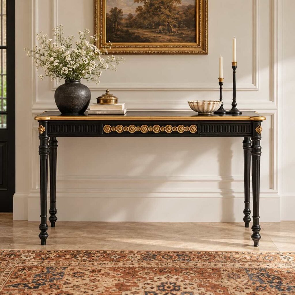 Black and Gold Console Table with floral medallions, fluted apron and traditional turned pillar legs in matte black finish.