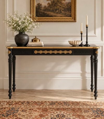 Black and Gold Console Table with floral medallions, fluted apron and traditional turned pillar legs in matte black finish.