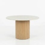 Marblehaven | Solid Wood & White Marble Round Dining Table with Cylindrical Pedestal Base in Natural Finish – Wooden Slice - Image 2