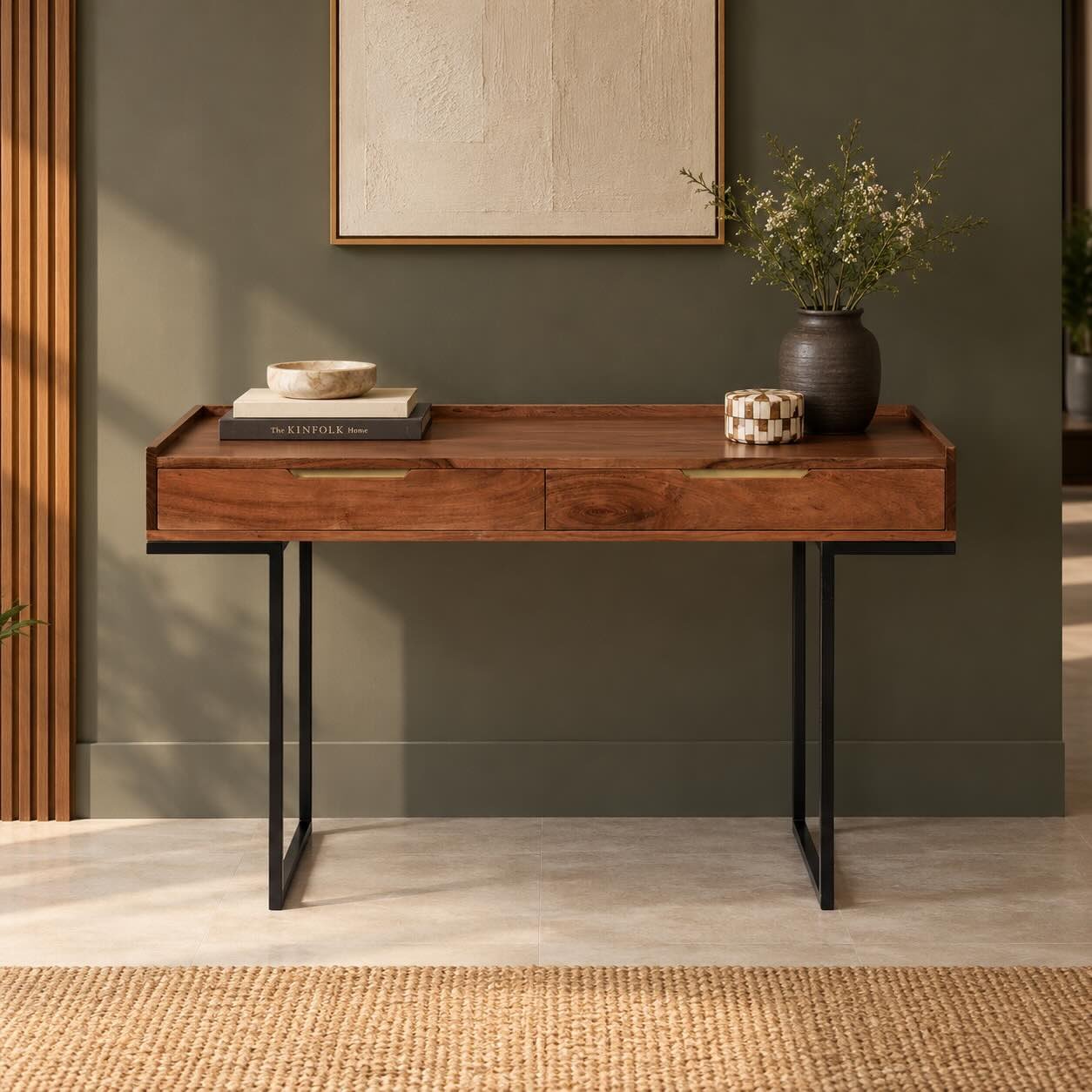 Trevixon Sheesham Wood Study Desk with Two Drawers and Black Iron Legs Sheesham Wood Study Desk with two wooden drawers, brass-finish handles and black iron trestle legs in honey brown finish.