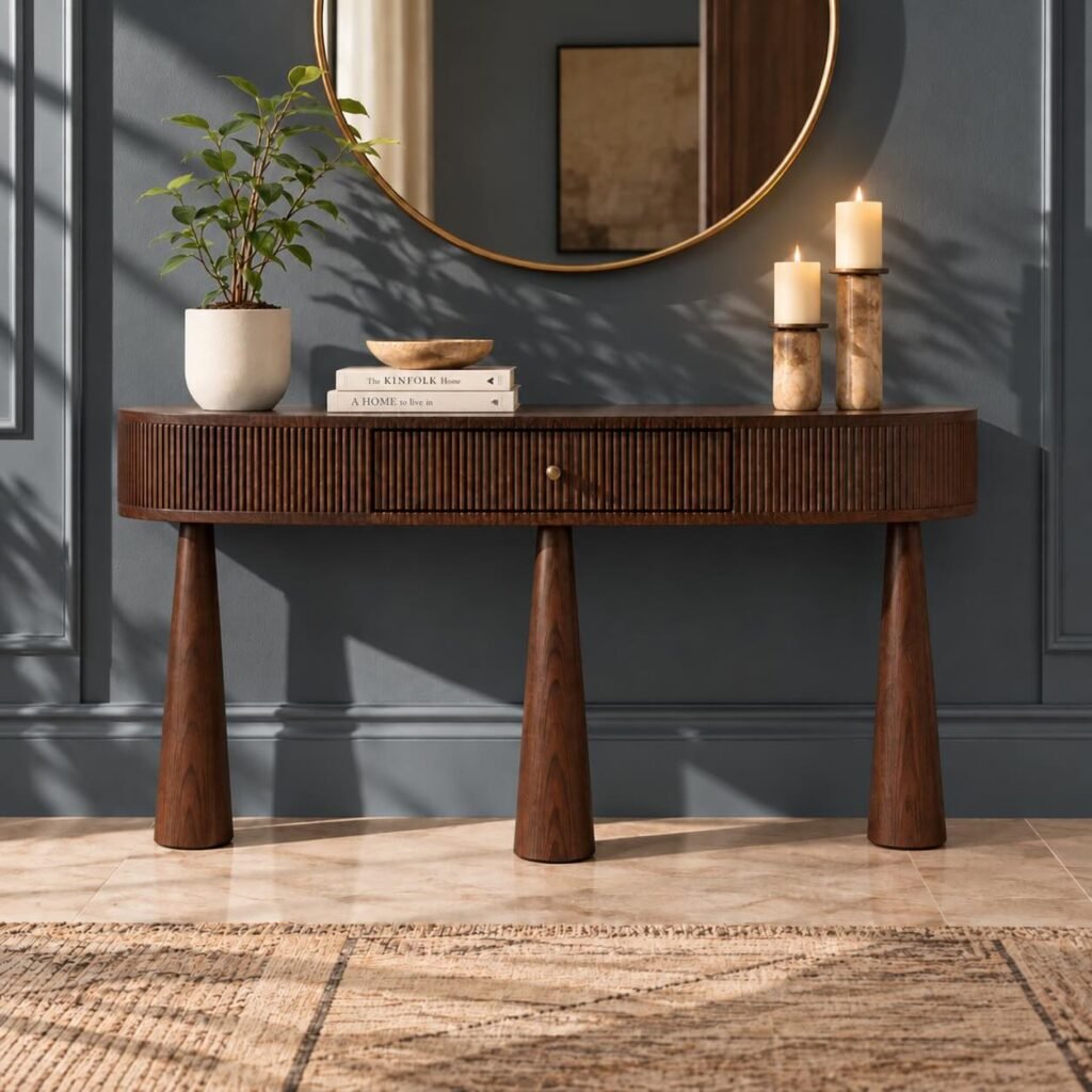Solid Wood Console Table with fluted curved front, single storage drawer and three tapered wooden legs in walnut finish.