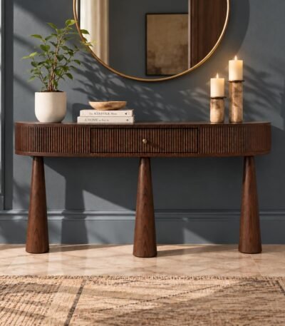 Solid Wood Console Table with fluted curved front, single storage drawer and three tapered wooden legs in walnut finish.