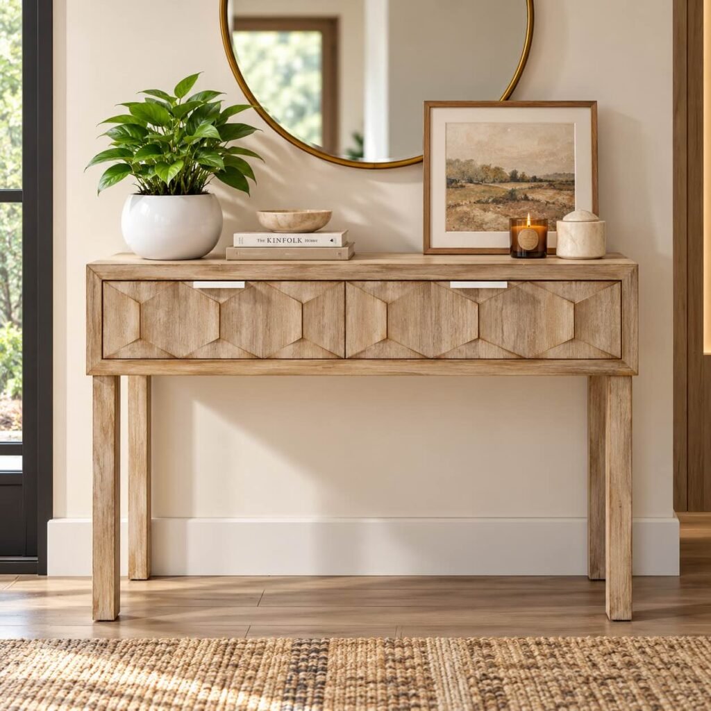 Solid Wood Console Table with raised hexagonal design, two storage drawers and straight wooden legs in natural finish.