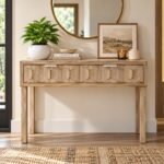Solid Wood Console Table with raised hexagonal design, two storage drawers and straight wooden legs in natural finish.