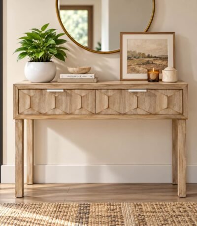Solid Wood Console Table with raised hexagonal design, two storage drawers and straight wooden legs in natural finish.