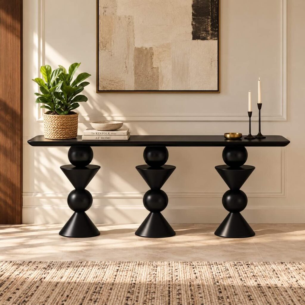 Sculptural Wood Console Table with three geometric sphere-and-cone pedestals and rounded rectangular top in charcoal black finish.