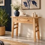 Exotic Wood Console Table with one large drawer and tapered legs in natural finish.