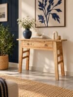 Exotic Wood Console Table with one large drawer and tapered legs in natural finish.