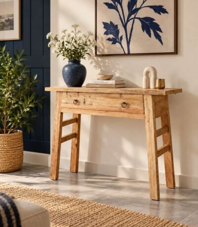 Exotic Wood Console Table with one large drawer and tapered legs in natural finish.