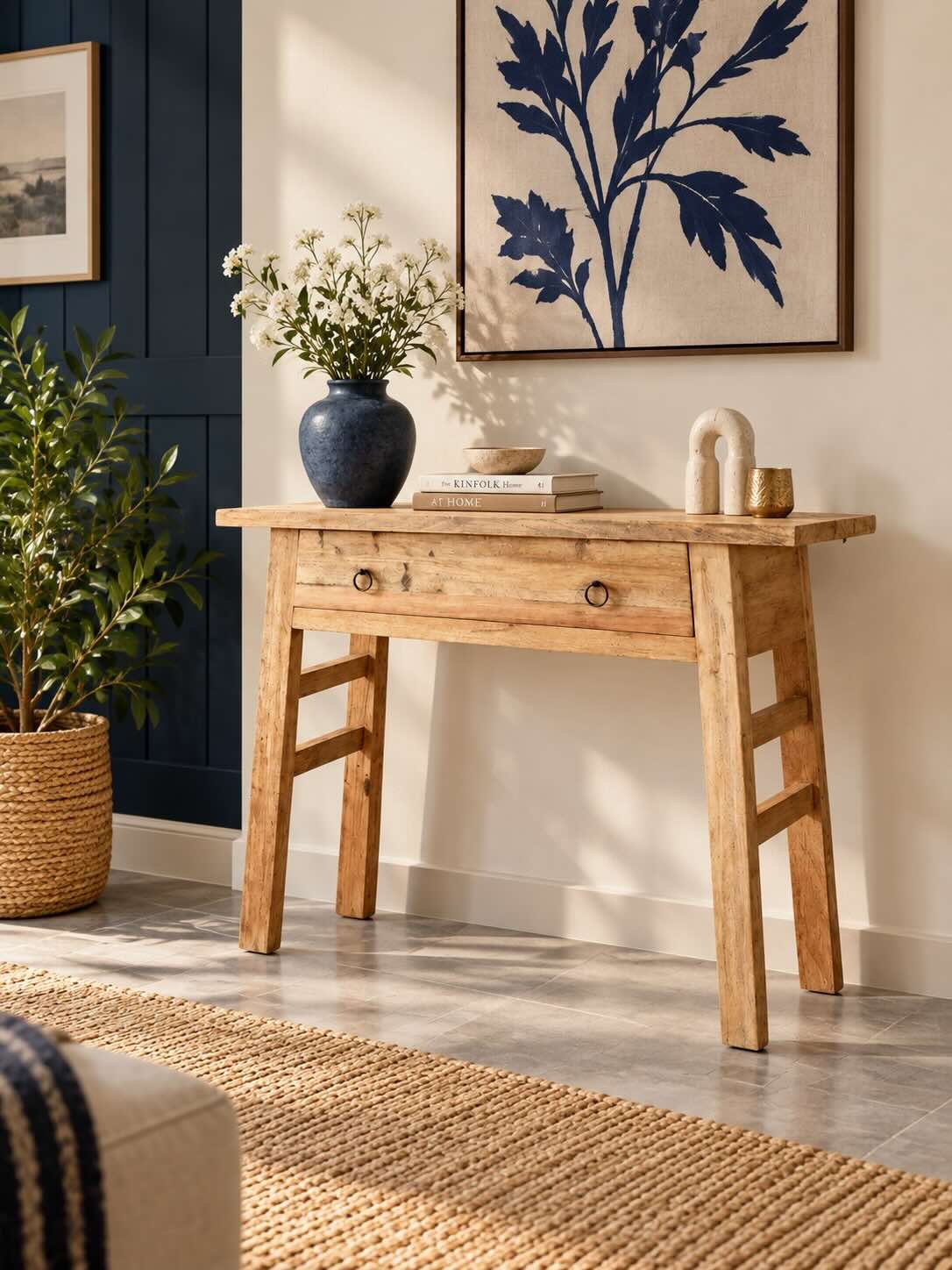 Rovelle Exotic Wood Console Table with Large Drawer in Natural Finish Exotic Wood Console Table with one large drawer and tapered legs in natural finish.