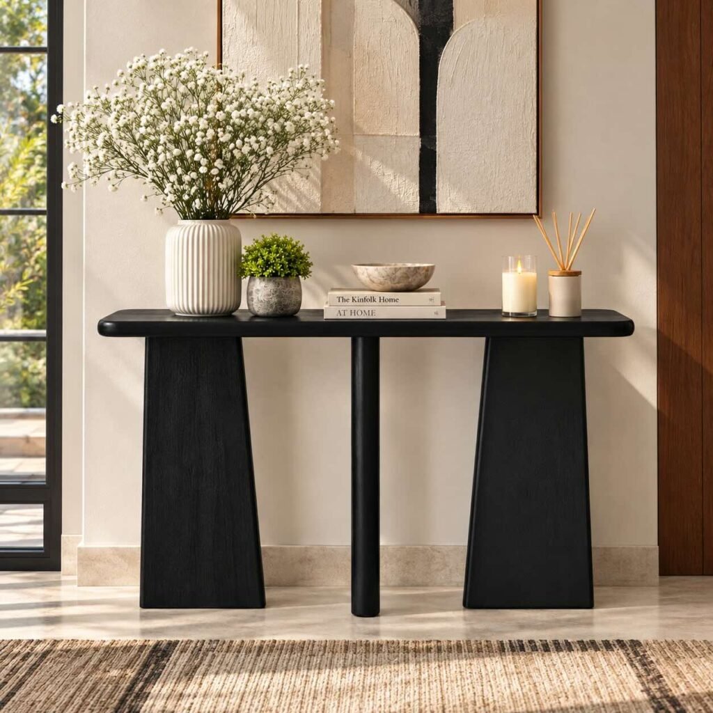 Mango Wood Console Table with angular sculptural panel legs, central support and rounded tabletop in charcoal black finish.