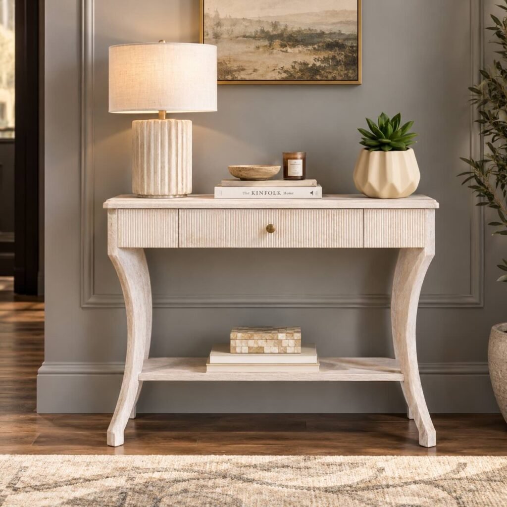 Whitewash Wooden Console Table with fluted storage drawer, curved wooden legs and open lower shelf in distressed white finish.