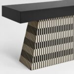 Noirvex | Engineered Wood Console Table with Bone & Mother-of-Pearl Striped Inlay, Sculptural Trapezoid Base in Black & Ivory Finish – Wooden Slice - Image 4