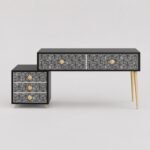 Zymerra | Engineered Wood Bone & Mother-of-Pearl Inlay Vanity Console with Geometric Drawers, Gold Accents in Black & White Finish – Wooden Slice - Image 2