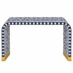 Neeloria | Handcrafted Hardwood Bone Inlay Console Table with Navy Blue & Ivory Floral Pattern, Curved Waterfall Design and Gold Accents – Wooden Slice - Image 2