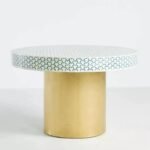 Aurevyn | Bone Inlay Round Dining Table with Blue & White Geometric Pattern and Gold-Tone Base – Wooden Slice - Image 2