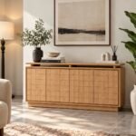 Solid Wood Console Table with geometric grooved front and raised top in natural finish.
