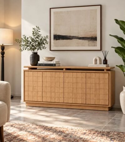 Solid Wood Console Table with geometric grooved front and raised top in natural finish.