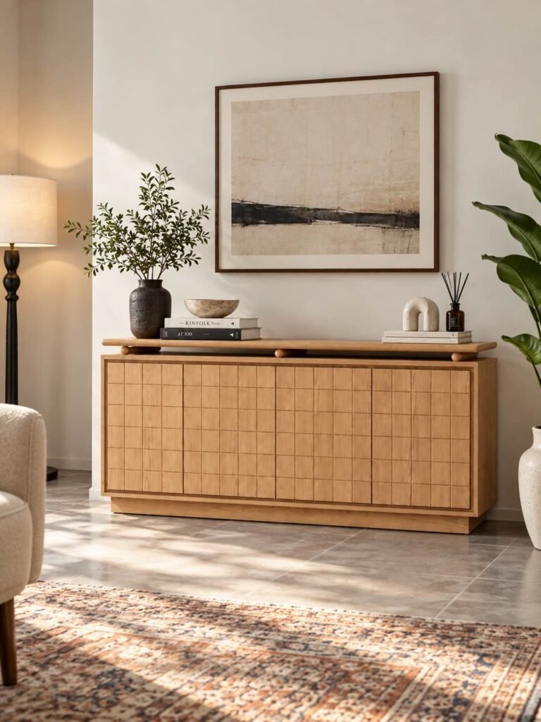 Solid Wood Console Table with geometric grooved front and raised top in natural finish.