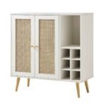 Lunavelle | Solid Wood Cane Bar Cabinet with Dual Doors and Open Bottle Storage in White Finish – Wooden Slice - Image 2