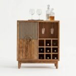 Braventh | Solid Wood Bar Cabinet with Fluted Metal Accents, Wine Rack and Glass Holders in Natural Finish – Wooden Slice - Image 2
