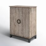 Solvayne | Solid Wood Bar Cabinet with Carved Sunburst Doors and Black Metal Base in White Distressed Finish – Wooden Slice - Image 2