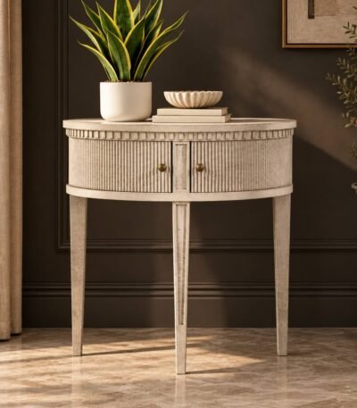 Solid Wood End Table with curved fluted storage and tapered legs in Antique Grey finish.