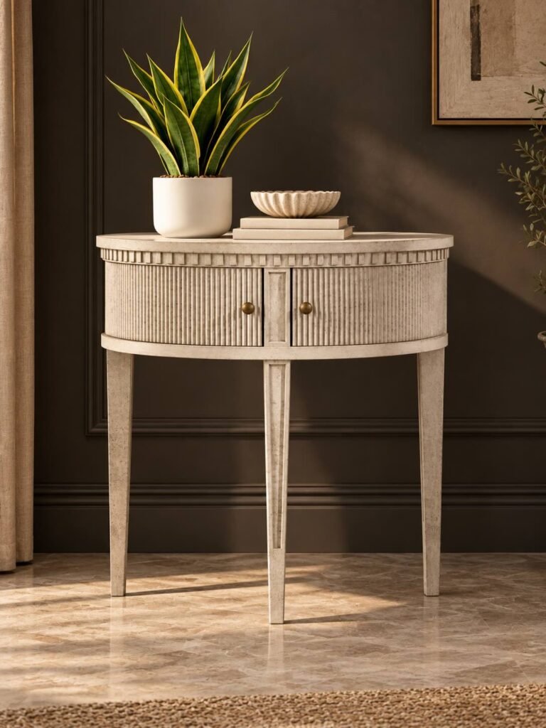 Solid Wood End Table with curved fluted storage and tapered legs in Antique Grey finish.