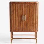 Tharvessio | Solid Wood Vertical Fluted Bar Cabinet with Brass-Accent Handles and Metal Frame in Rich Brown Finish – Wooden Slice - Image 2