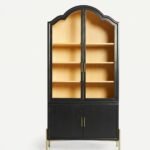 Vaelthorne | Solid Wood Arched Bar Cabinet with Glass Display Doors and Gold-Tone Metal Base in Black Finish – Wooden Slice - Image 2
