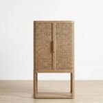 Oakenmere | Oak Wood Bar Cabinet with Woven Cane Panels and Open Frame Base in Natural Oak Finish – Wooden Slice - Image 2