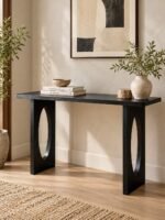 Sheesham Wood Console Table with sculptural oval cut-out legs in black finish.