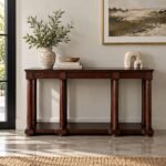 Solid Wood Console Table with classic column legs and open lower shelf in rich brown finish.