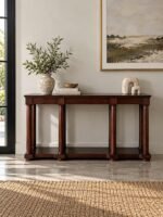 Solid Wood Console Table with classic column legs and open lower shelf in rich brown finish.