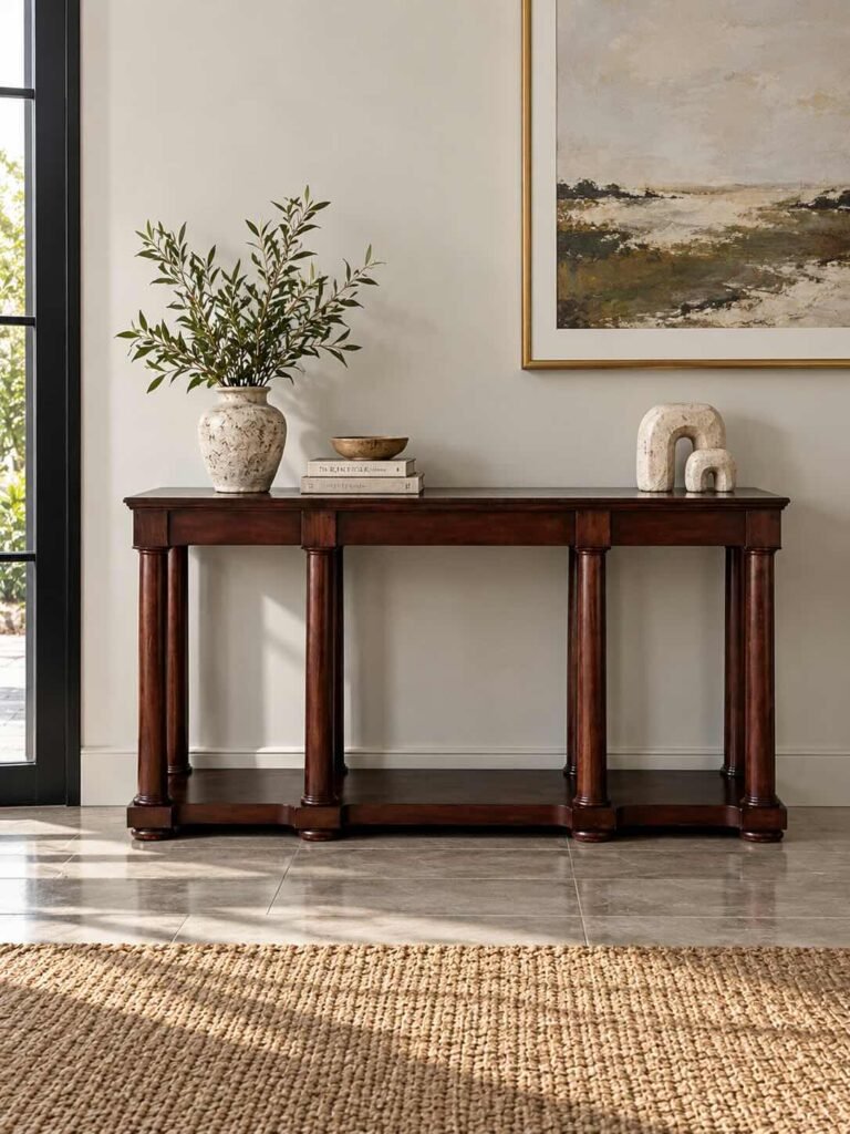 Solid Wood Console Table with classic column legs and open lower shelf in rich brown finish.