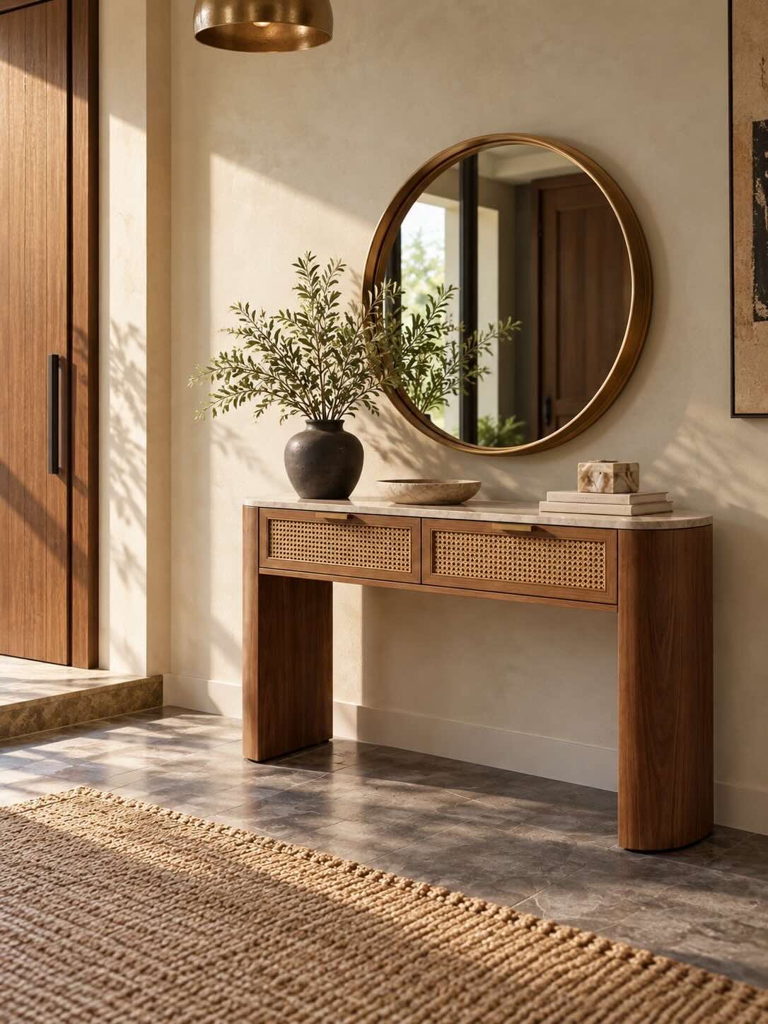 Mirevon Oak Wood and Emperador Marble Console Table with Rattan Drawers Oak Wood Console Table with Emperador marble top and rattan drawers in brown finish.
