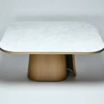 Oaklune | Solid Wood Dining Table with White Marble Top, Sculptural Pedestal Base & Walnut Brown Finish – Wooden Slice - Image 2