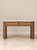 Mirevon | Solid Oak Wood & Emperador Marble Console Table with Rattan Drawers in Brown Finish – Wooden Slice - Image 4