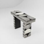Optivara | Handcrafted Solid Wood Bone Inlay Console Table with Black & White Geometric Stripes and Sculptural Arched Legs – Wooden Slice - Image 5