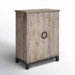 Solvayne | Solid Wood Bar Cabinet with Carved Sunburst Doors and Black Metal Base in White Distressed Finish – Wooden Slice - Image 3