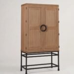 Rovellique | Solid Wood Tall Bar Cabinet with Raised Panel Doors and Black Metal Stand in Brown Finish – Wooden Slice - Image 3