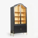 Vaelthorne | Solid Wood Arched Bar Cabinet with Glass Display Doors and Gold-Tone Metal Base in Black Finish – Wooden Slice - Image 3