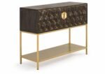 Aurexion | Solid Mango Wood Mini Bar Console Cabinet with Geometric Diamond Front, Gold Metal Frame & Open Lower Shelf in Walnut and Gold Finish – Wooden Slice - Image 2